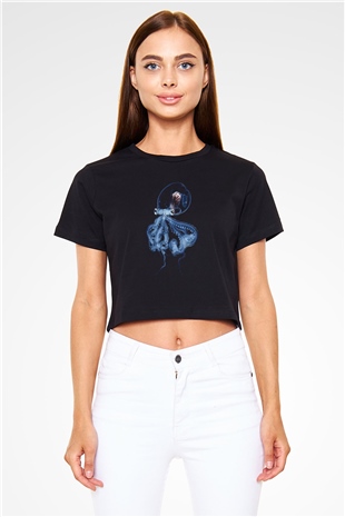 Ahtapot Baskılı Siyah Crop Top Kadın Tişört - Tshirt