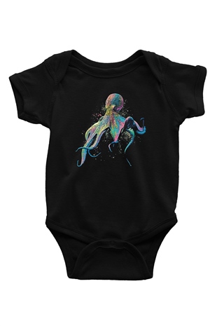 Ahtapot Baskılı Unisex Siyah Bebek Body - Zıbın