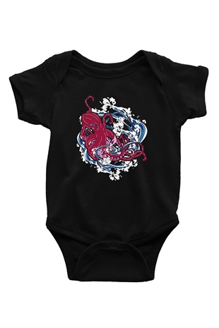 Ahtapot Baskılı Unisex Siyah Bebek Body - Zıbın
