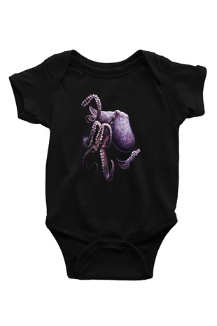 Ahtapot Baskılı Unisex Siyah Bebek Body - Zıbın