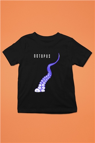 Ahtapot Baskılı Unisex Siyah Çocuk Tişört - Tshirt
