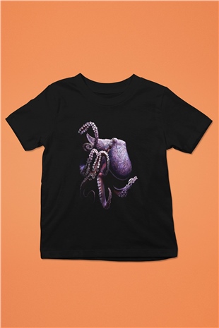 Ahtapot Baskılı Unisex Siyah Çocuk Tişört - Tshirt
