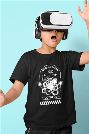 Ahtapot Baskılı Unisex Siyah Çocuk Tişört - Tshirt