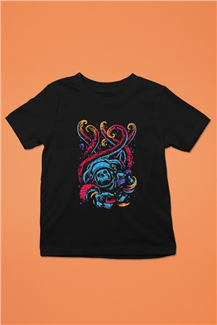 Ahtapot Baskılı Unisex Siyah Çocuk Tişört - Tshirt