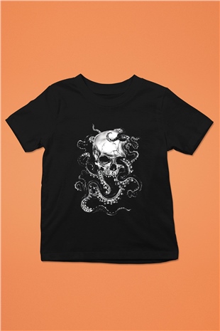 Ahtapot Baskılı Unisex Siyah Çocuk Tişört - Tshirt