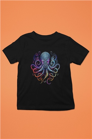Ahtapot Baskılı Unisex Siyah Çocuk Tişört - Tshirt