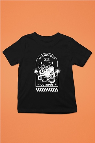 Ahtapot Baskılı Unisex Siyah Çocuk Tişört - Tshirt
