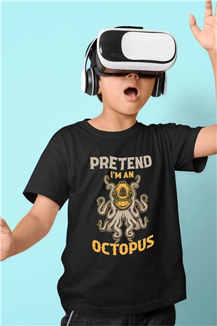 Ahtapot Baskılı Unisex Siyah Çocuk Tişört - Tshirt