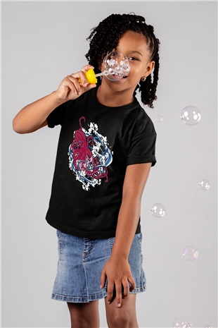 Ahtapot Baskılı Unisex Siyah Çocuk Tişört - Tshirt