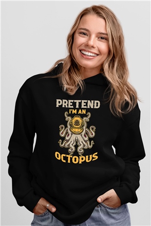 Ahtapot Baskılı Unisex Siyah Hoodie