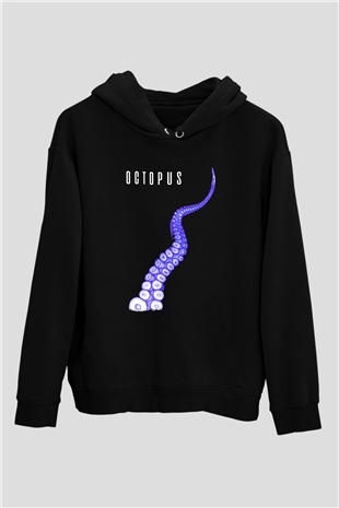Ahtapot Baskılı Unisex Siyah Hoodie