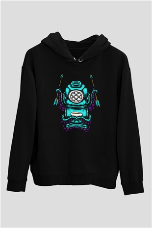 Ahtapot Baskılı Unisex Siyah Hoodie