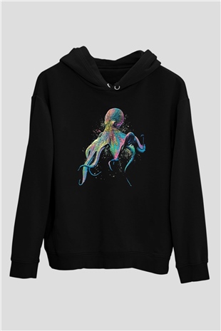 Ahtapot Baskılı Unisex Siyah Hoodie