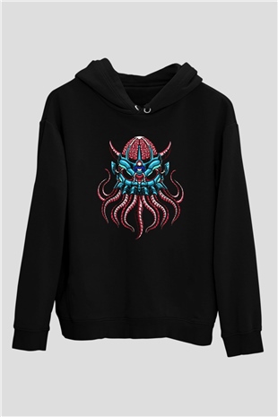 Ahtapot Baskılı Unisex Siyah Hoodie