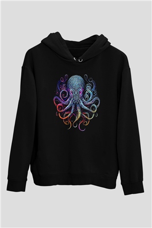 Ahtapot Baskılı Unisex Siyah Hoodie