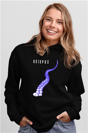 Ahtapot Baskılı Unisex Siyah Hoodie