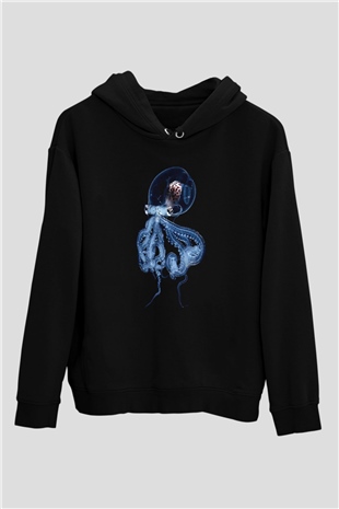 Ahtapot Baskılı Unisex Siyah Hoodie