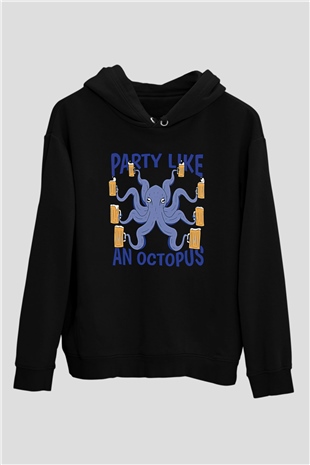 Ahtapot Baskılı Unisex Siyah Hoodie