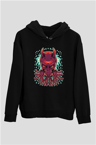 Ahtapot Baskılı Unisex Siyah Hoodie
