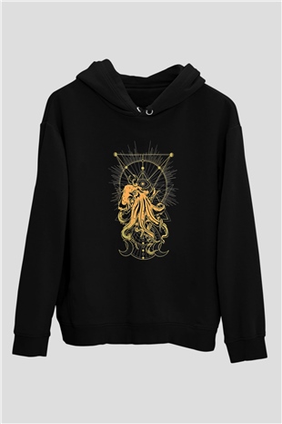 Ahtapot Baskılı Unisex Siyah Hoodie