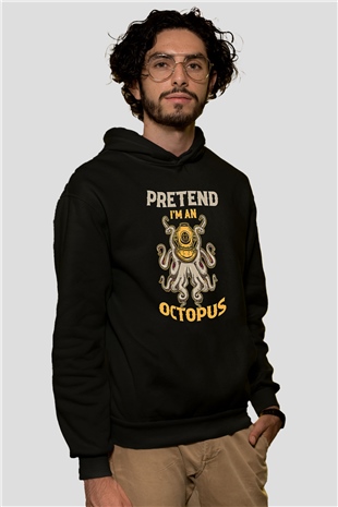 Ahtapot Baskılı Unisex Siyah Hoodie
