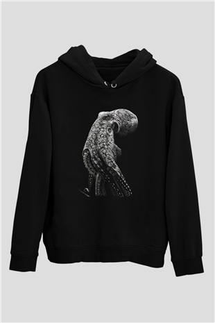 Ahtapot Baskılı Unisex Siyah Hoodie