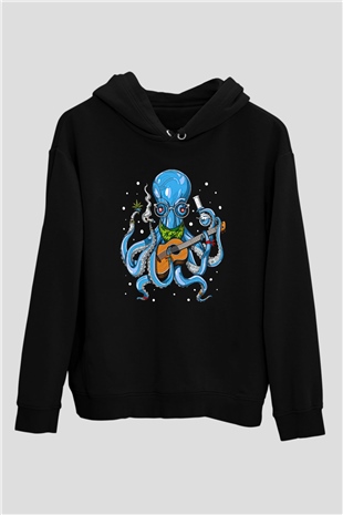 Ahtapot Baskılı Unisex Siyah Hoodie