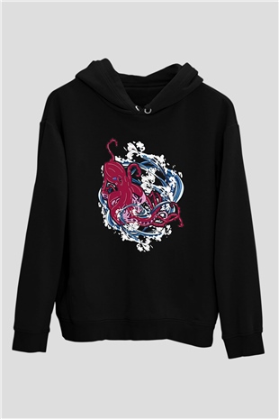 Ahtapot Baskılı Unisex Siyah Hoodie