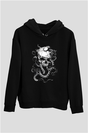 Ahtapot Baskılı Unisex Siyah Hoodie