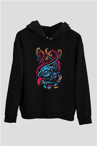 Ahtapot Baskılı Unisex Siyah Hoodie