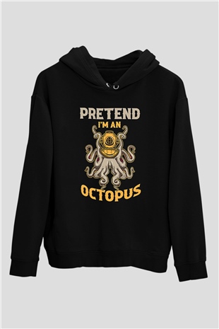 Ahtapot Baskılı Unisex Siyah Hoodie