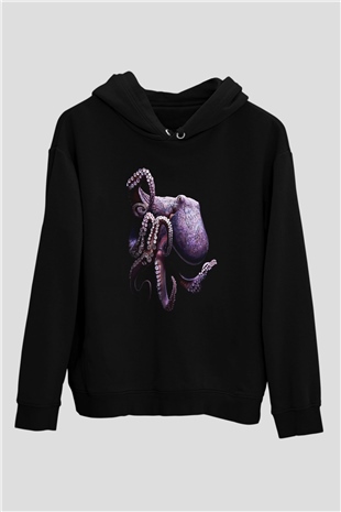 Ahtapot Baskılı Unisex Siyah Hoodie