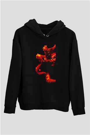 Ahtapot Baskılı Unisex Siyah Hoodie