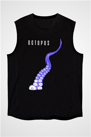 Ahtapot Baskılı Unisex Siyah Kolsuz Tişört - Tshirt