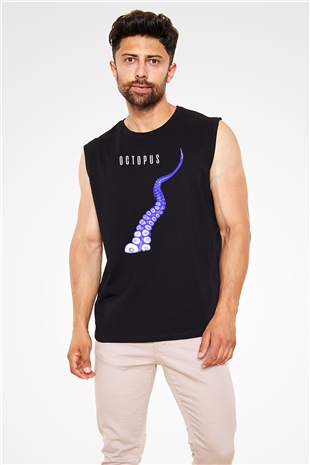 Ahtapot Baskılı Unisex Siyah Kolsuz Tişört - Tshirt