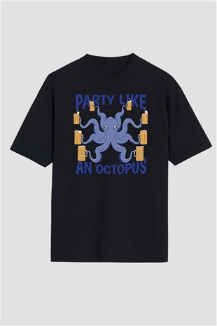 Ahtapot Baskılı Unisex Siyah Oversize Tişört - Tshirt