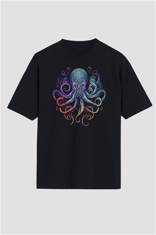 Ahtapot Baskılı Unisex Siyah Oversize Tişört - Tshirt