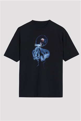 Ahtapot Baskılı Unisex Siyah Oversize Tişört - Tshirt