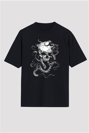 Ahtapot Baskılı Unisex Siyah Oversize Tişört - Tshirt