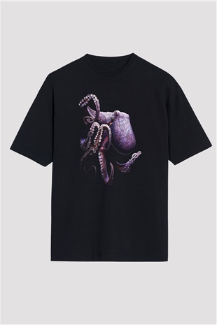 Ahtapot Baskılı Unisex Siyah Oversize Tişört - Tshirt