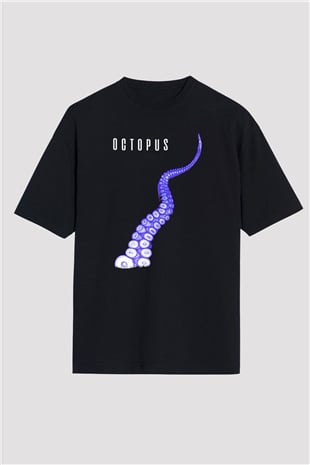 Ahtapot Baskılı Unisex Siyah Oversize Tişört - Tshirt