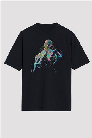 Ahtapot Baskılı Unisex Siyah Oversize Tişört - Tshirt