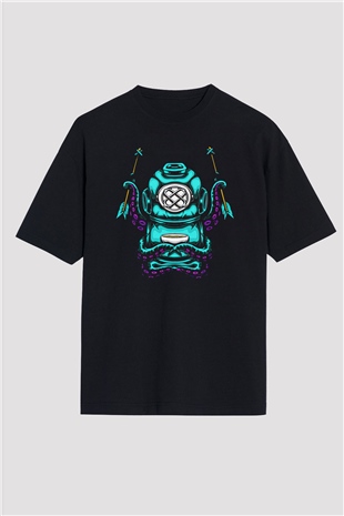 Ahtapot Baskılı Unisex Siyah Oversize Tişört - Tshirt