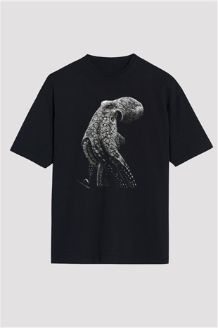 Ahtapot Baskılı Unisex Siyah Oversize Tişört - Tshirt