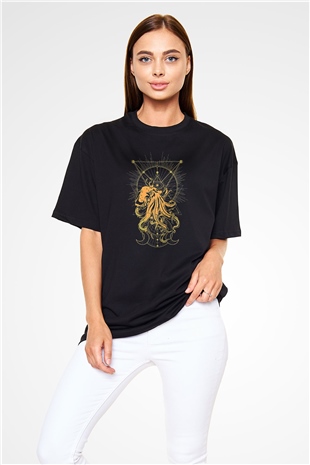 Ahtapot Baskılı Unisex Siyah Oversize Tişört - Tshirt