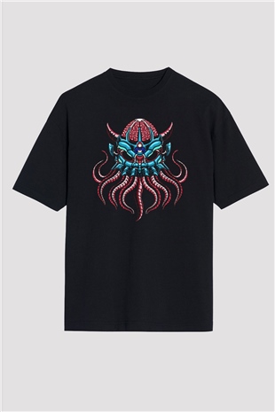 Ahtapot Baskılı Unisex Siyah Oversize Tişört - Tshirt