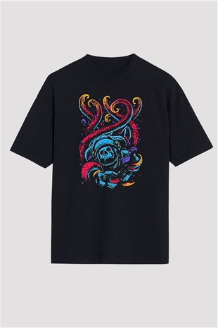 Ahtapot Baskılı Unisex Siyah Oversize Tişört - Tshirt