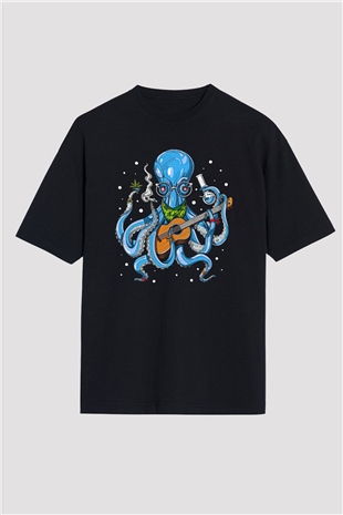 Ahtapot Baskılı Unisex Siyah Oversize Tişört - Tshirt