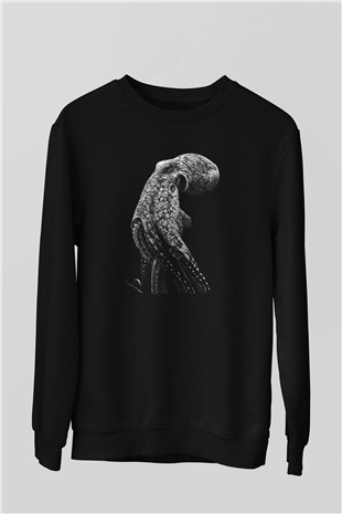 Ahtapot Baskılı Unisex Siyah Sweatshirt