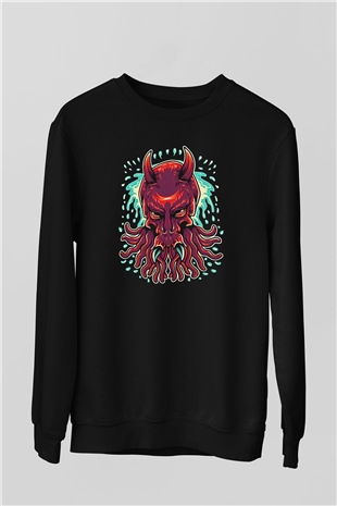 Ahtapot Baskılı Unisex Siyah Sweatshirt